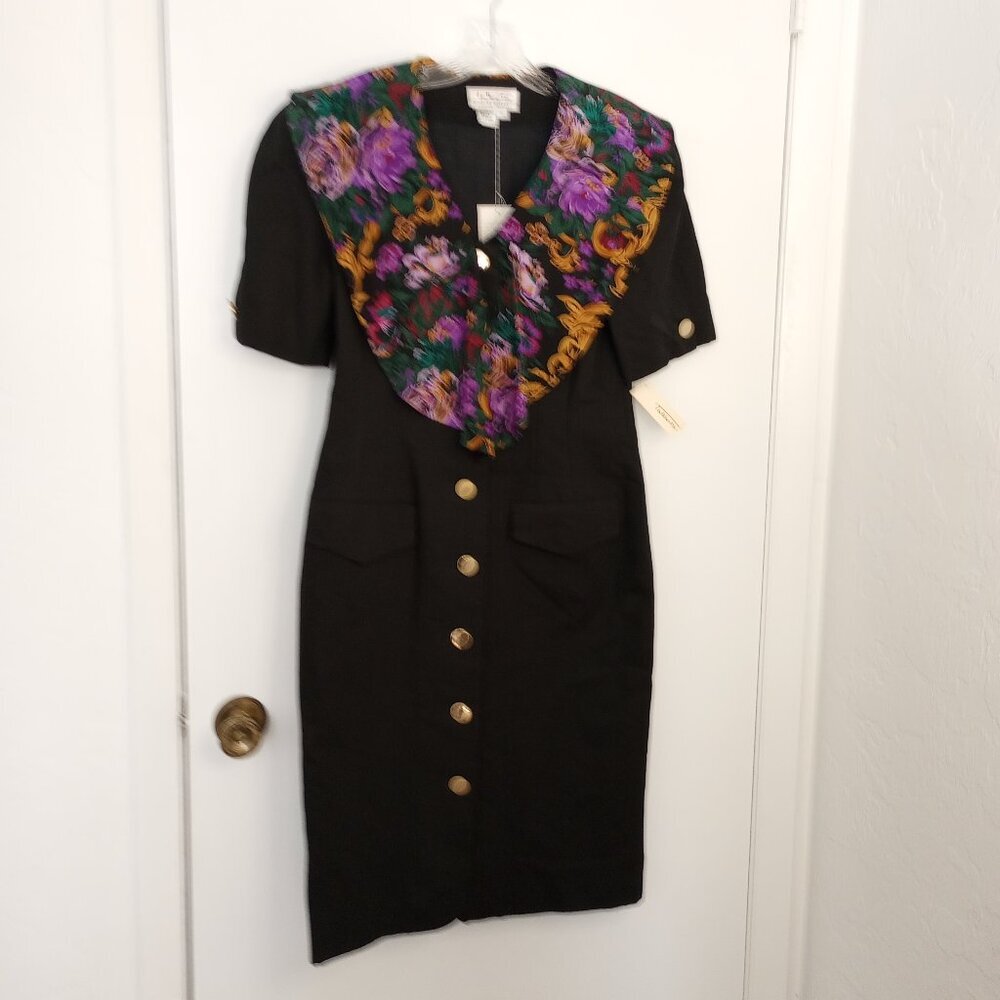 Talbots Vintage Richard Warren Black & Floral Button Front Dress